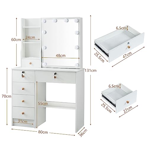 White Vanity Desk with Mirror, Lights, and Drawers with Cushioned Stool S2103