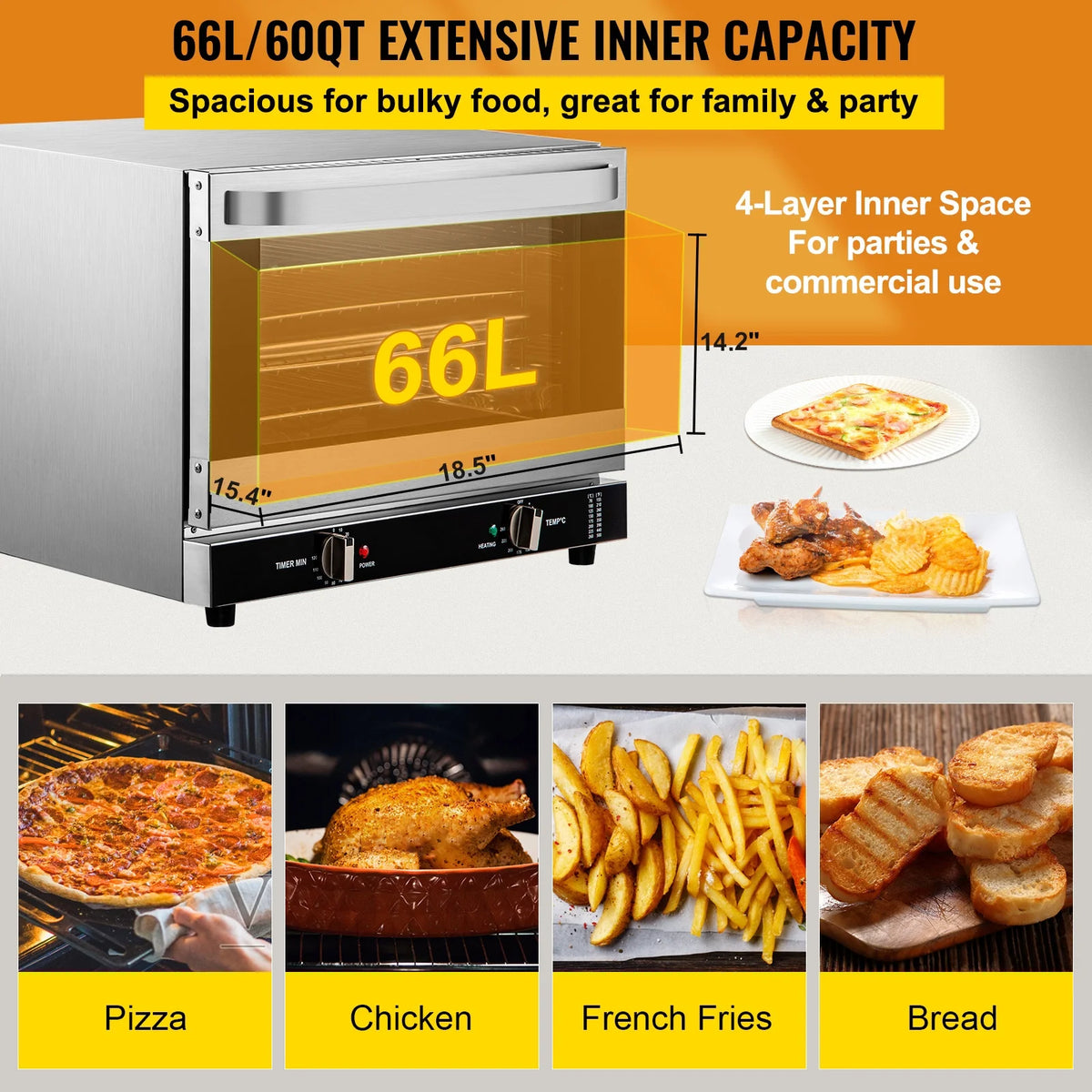 Commercial Convection Oven, 66L, 1800W, 4-Tier Y606