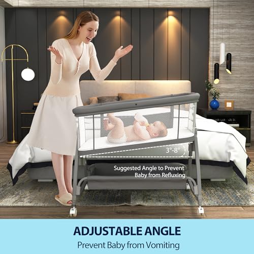 Baby Bassinet Bedside Sleeper, 3 in 1 Rocking Bassinet with Wheels, Adjustable Height, Storage, Mattress & Canopy Q304