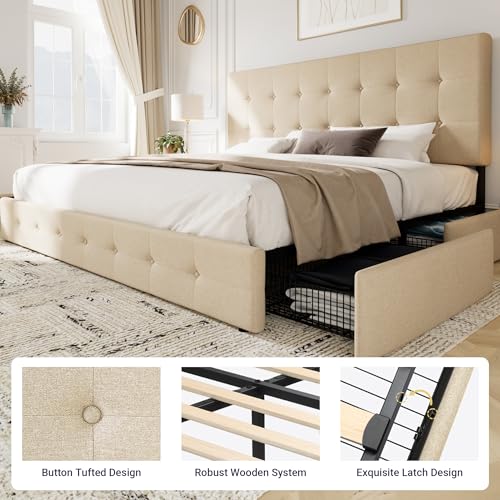Light Grey Queen Size Platform Bed Frame with 4 Storage Drawers R722