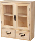 Mini Table Top Storage Cabinet with Clear Glass Doors, 2 Bottom Drawers, Light Wood Grain A117