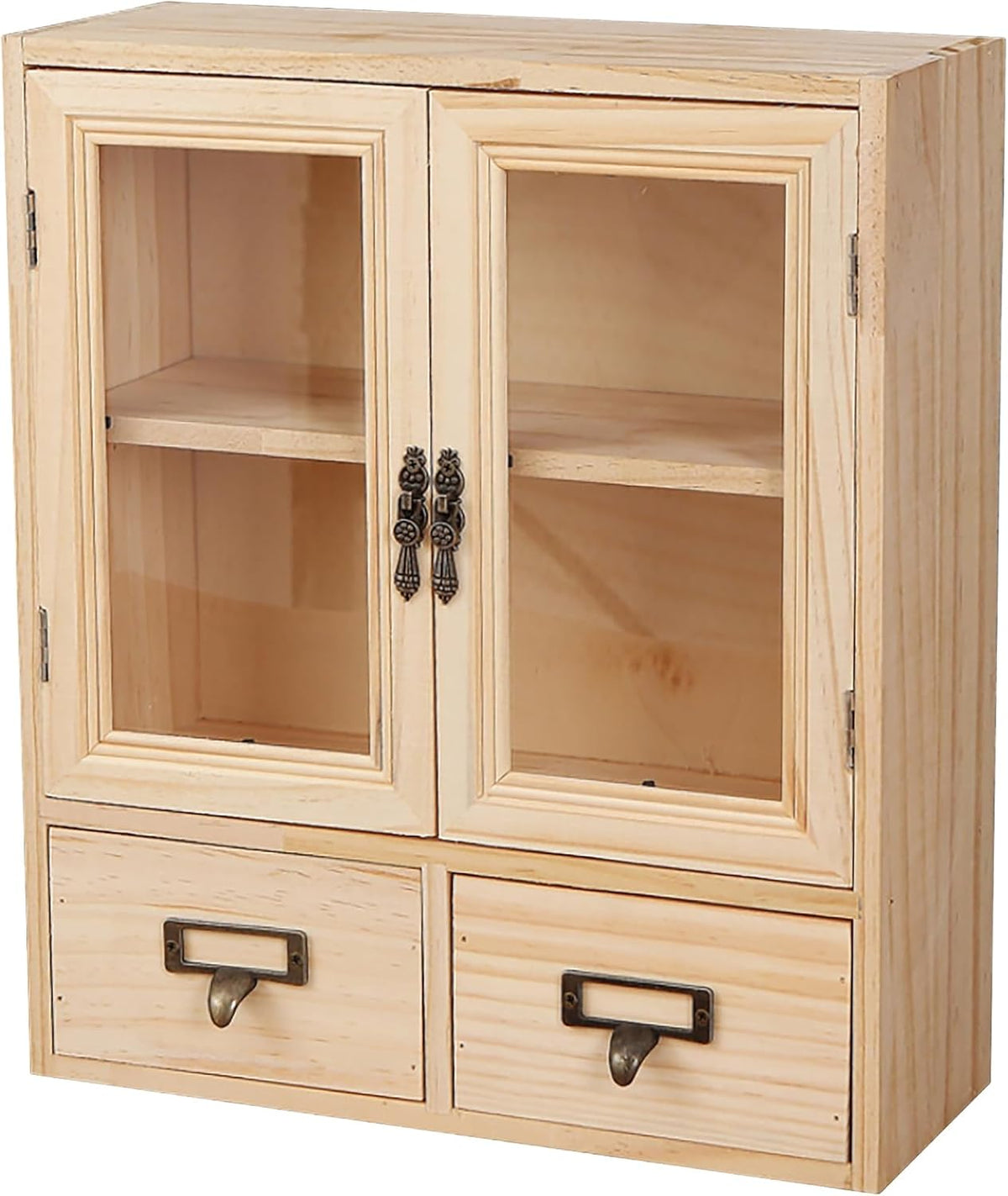 Mini Table Top Storage Cabinet with Clear Glass Doors, 2 Bottom Drawers, Light Wood Grain A117