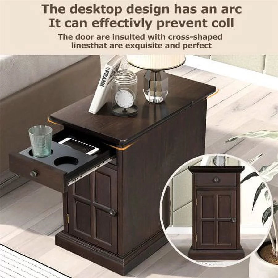 Antique Espresso End Table with USB Ports Drawer and Cup Holders G555681