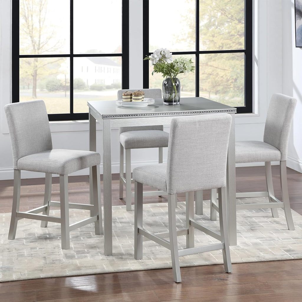 5-Piece Acacia Wood Counter Height Dining Table Set with 4 Upholstered-Seat Chairs J91026