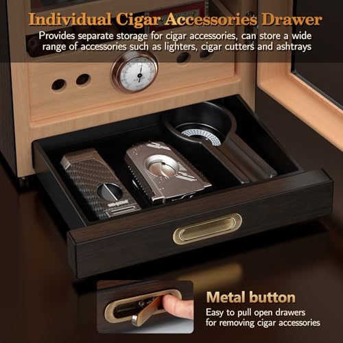 Lighted Magnetic Door Desktop Cigar Humidor Cabinet with Drawer, 3 Layer, Brown K8154
