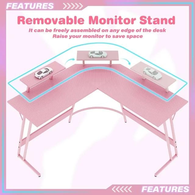 Pink 47 Inch L Shaped Computer Desk with Carbon Fiber Surface P785832