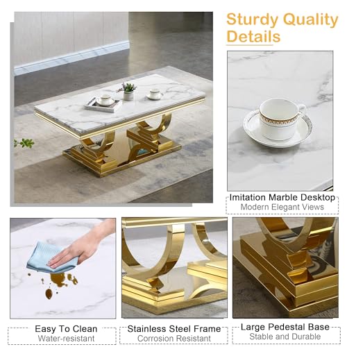 White Marble Coffee Table with Stainless Steel Pedestal C2593