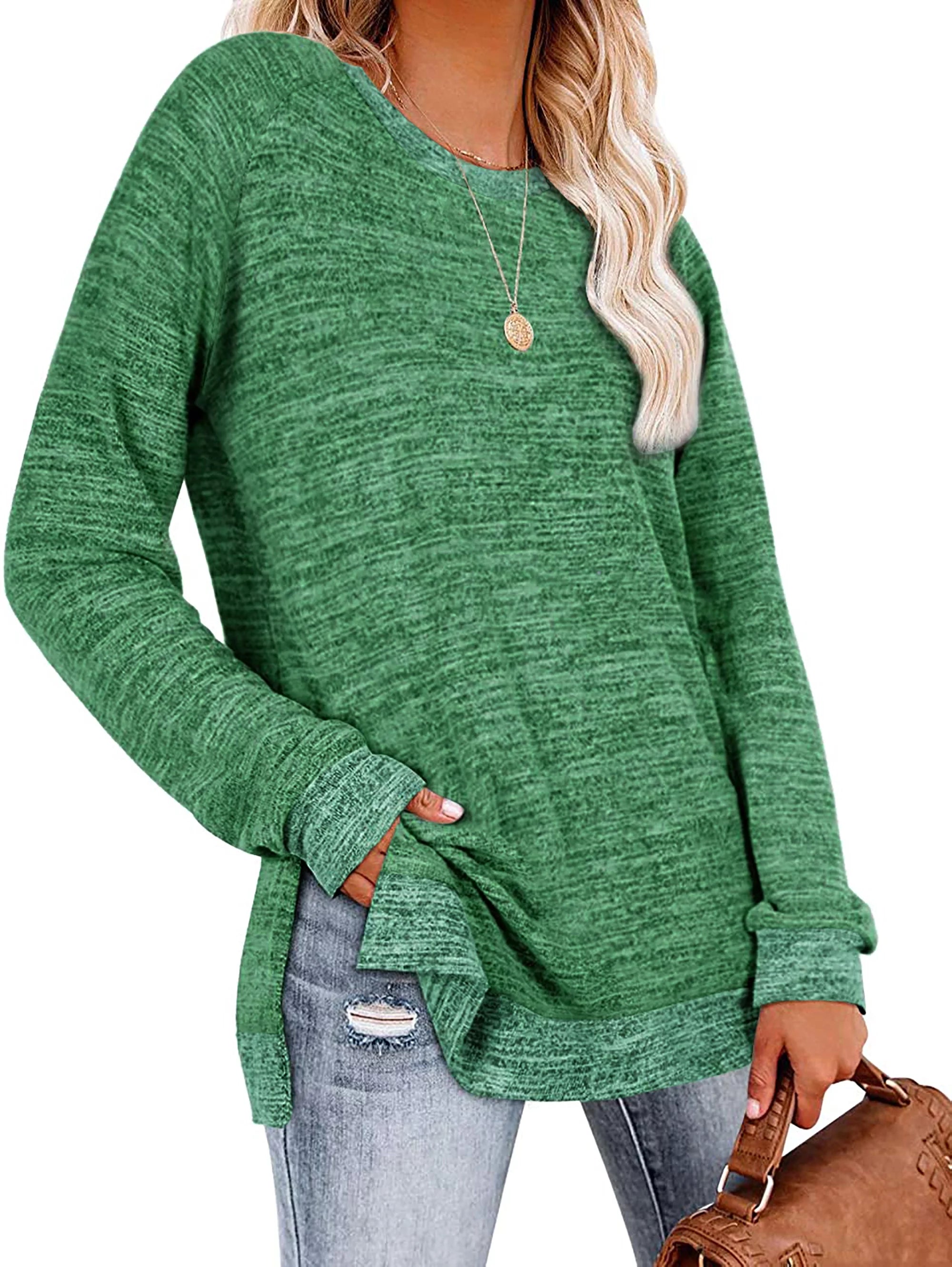 Green Long Sleeve Color Block Tunic Tops W3318