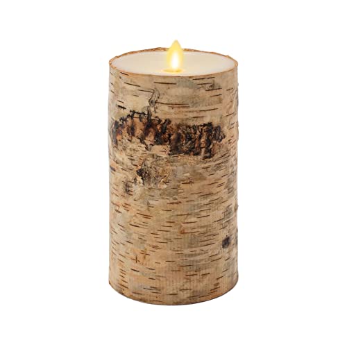 Flameless Candle Pillar with Real Birch Bark Moving Flame LED Battery Operated Lights Unscented (3.5 x 4.5-inch) U830