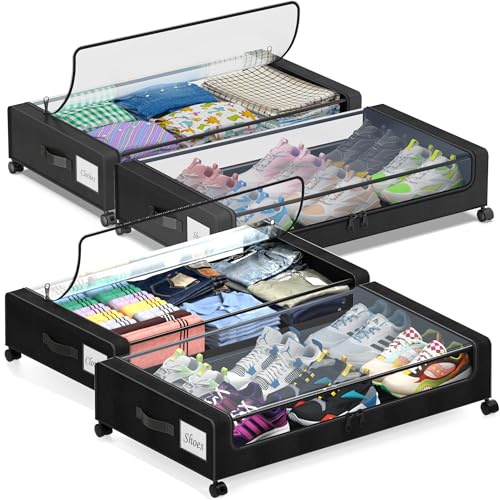 Black 2-Pack 60L Under Bed Storage Containers with Wheels and Clear Lids A895