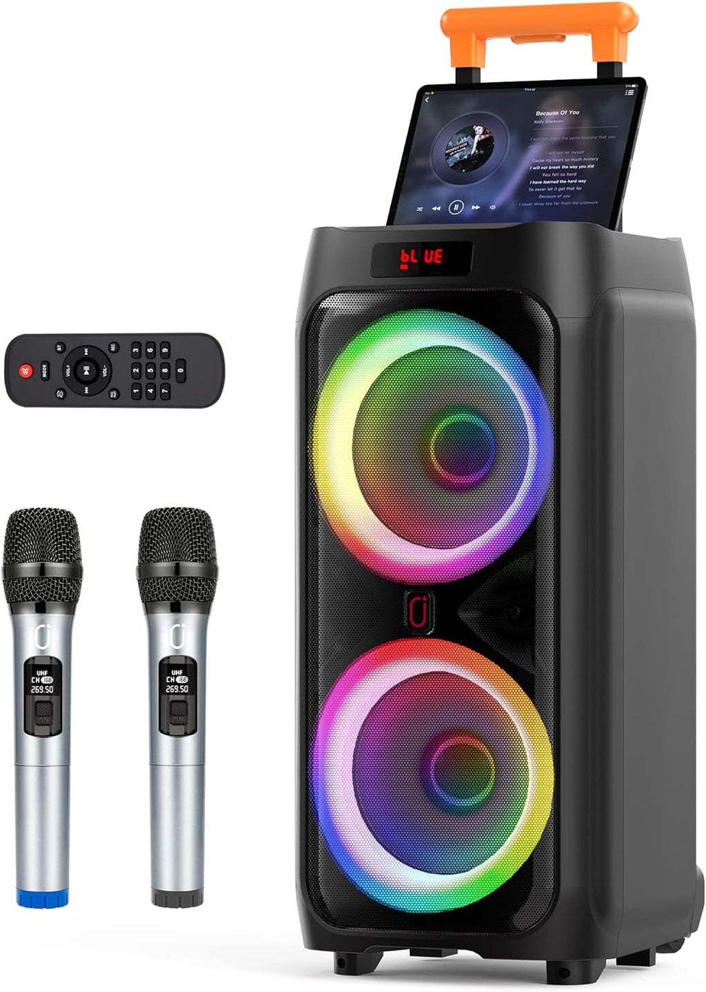 Karaoke Machine with 2 Wireless Microphones, 8" Bluetooth Party Speaker with DJ Light, Rolling Wheels and Trolley P1632