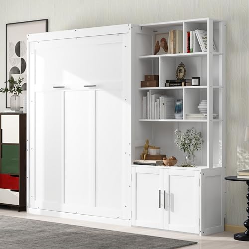 White Solid Wood Queen Size Murphy Bed with Desk C1980