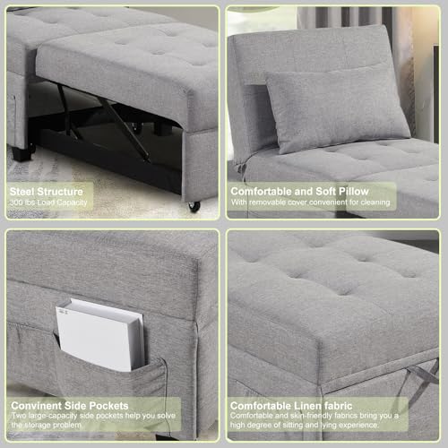 4 in 1 Convertible Linen Fabric Sleeper Chair Bed Ottoman with Adjustable Backrest & Pillow S54756