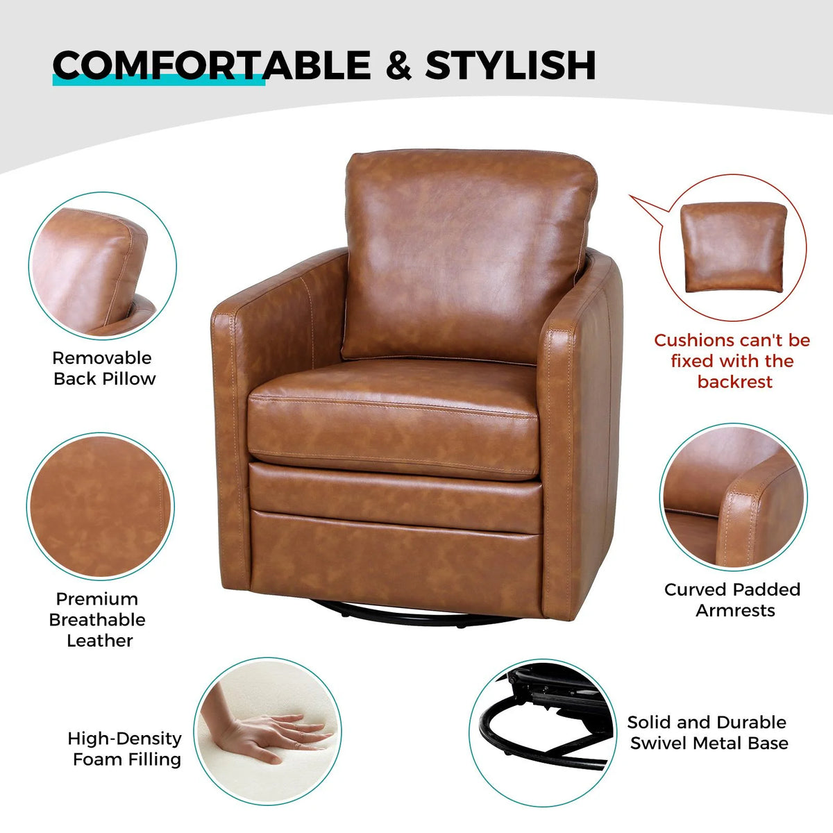 Faux Leather Swivel Accent Chair with Arms J60291