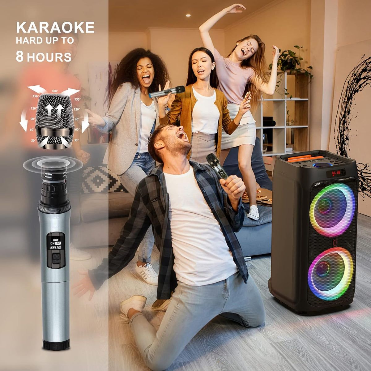Karaoke Machine with 2 Wireless Microphones, 8" Bluetooth Party Speaker with DJ Light, Rolling Wheels and Trolley P1632