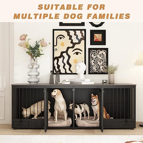 Black Heavy Duty Wooden Dog Crate with Dog Bowl Drawers & Divider P593