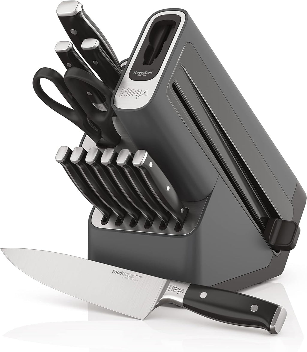 12 Piece German Stainless Steel Knife Block Set with Built-in Sharpener, Black C89100