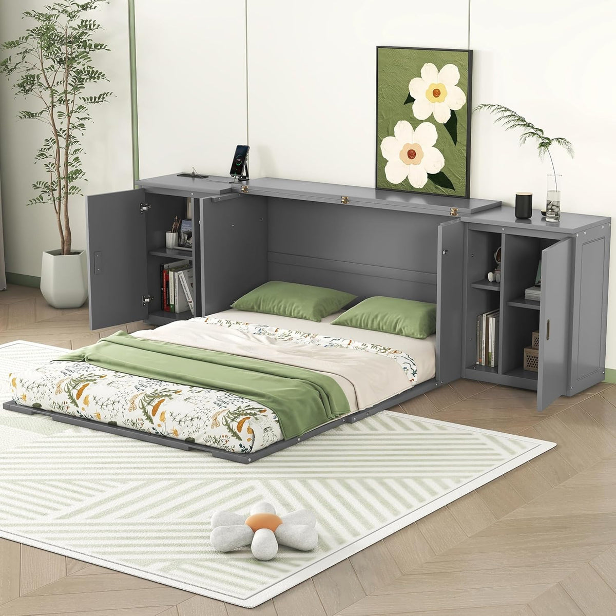 Queen Size Gray Murphy Wall Bed with Shelves and Cabinets D598