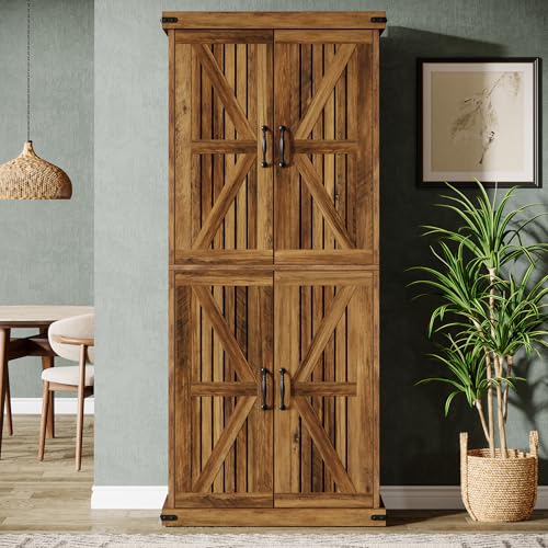 71" Tall Kitchen Pantry, Farmhouse Storage Cabinet with Barn Doors and Adjustable Shelves, Rustic Wooden Cupboard, Brown S3407
