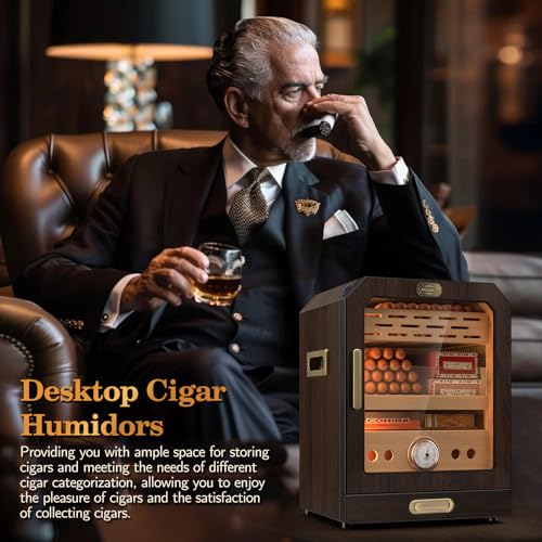 Lighted Magnetic Door Desktop Cigar Humidor Cabinet with Drawer, 3 Layer, Brown K8154