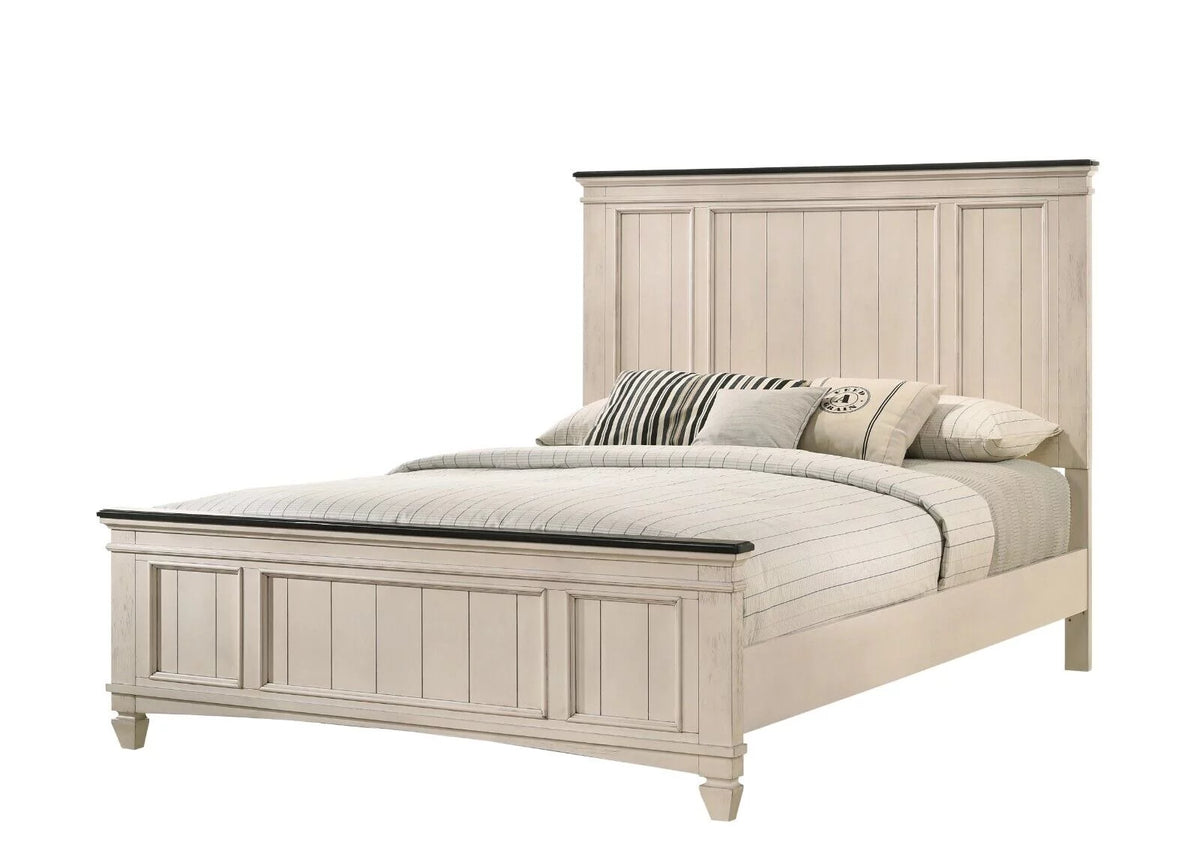 3pc Queen Size Panel Headboard Bed and 2x Nightstands Set Beige Wooden J726