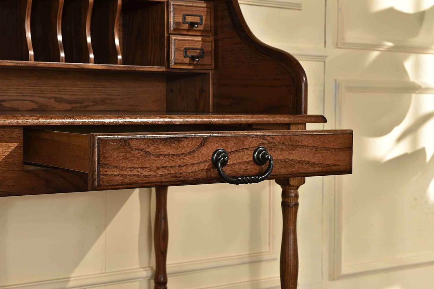 Mini Roll Top Desk Solid Oak Wood Burnished Walnut Finish J6167