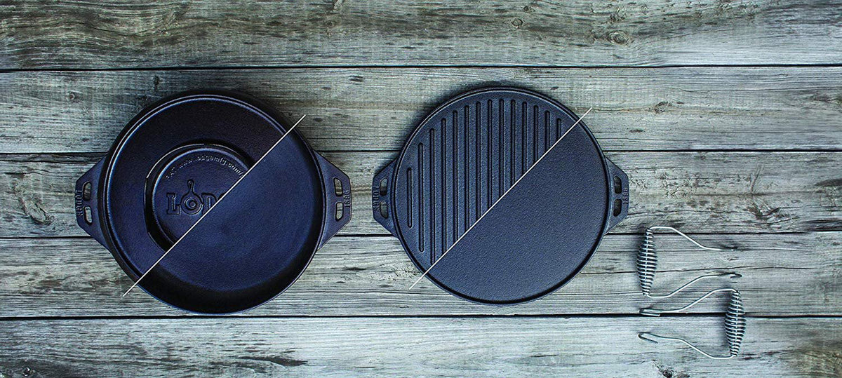 Five-Piece Cast Iron Set with Reversible Grill/Griddle 14 Inch and 6.8 Quart Bottom/Wok E638