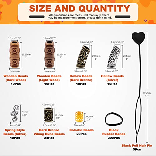 300Pcs Viking Rune Beads Hair Beard Beads Set including 5Pcs Black Pull Hairpin Quick Beader Hairpins and 200Pcs Black Rubber Bands with a Bag U339