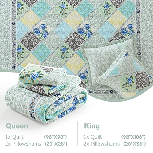 Blue Grey 100% Cotton Queen Size 3-Pieces Quilt Bedding Set O789500