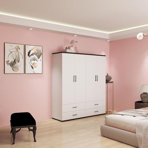 White 4 Door Wood Armoire Wardrobe with 2 Hanging Rods and 2 Drawers F92766