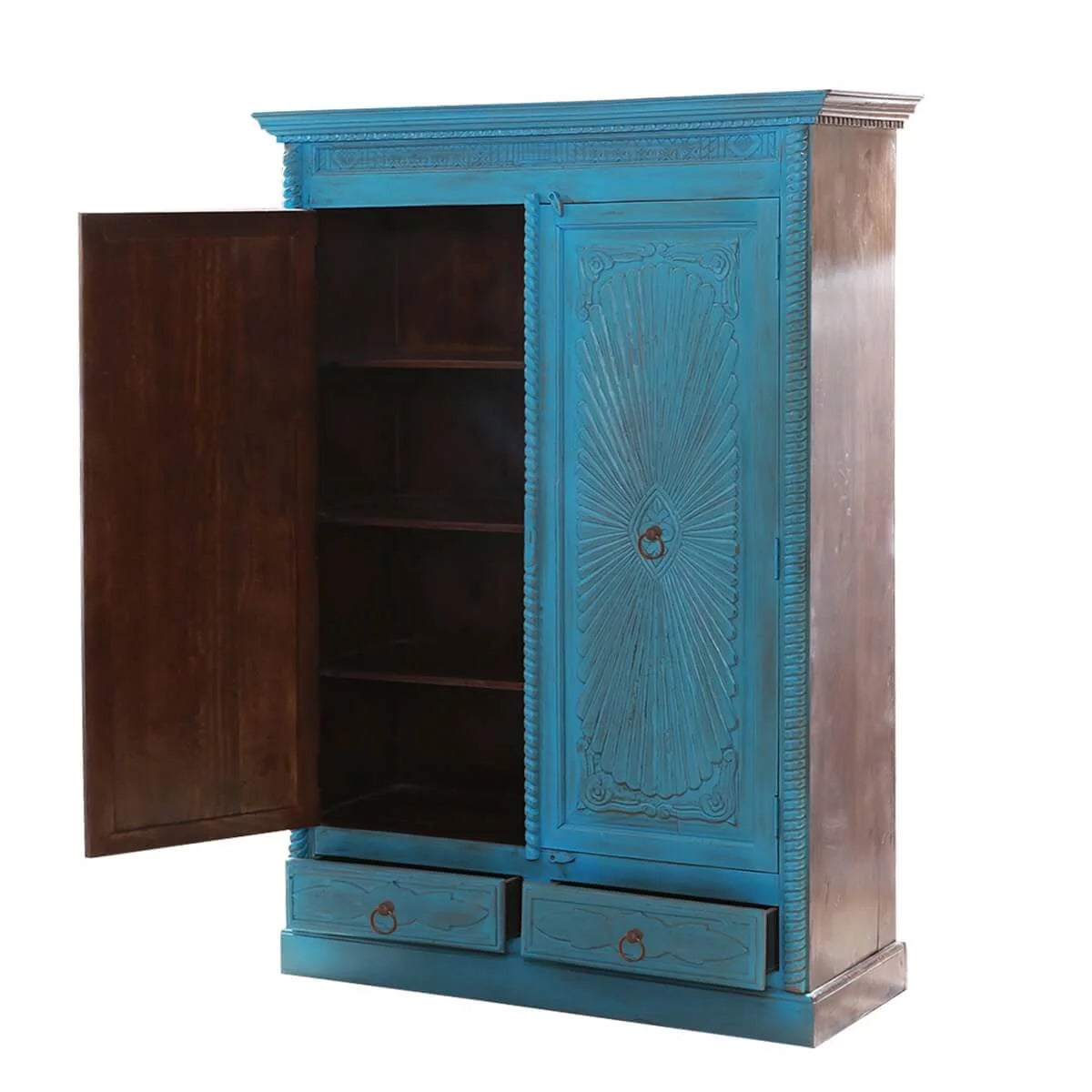 Turquoise Hand Carved Solid Wood 2 Drawer Armoire D853