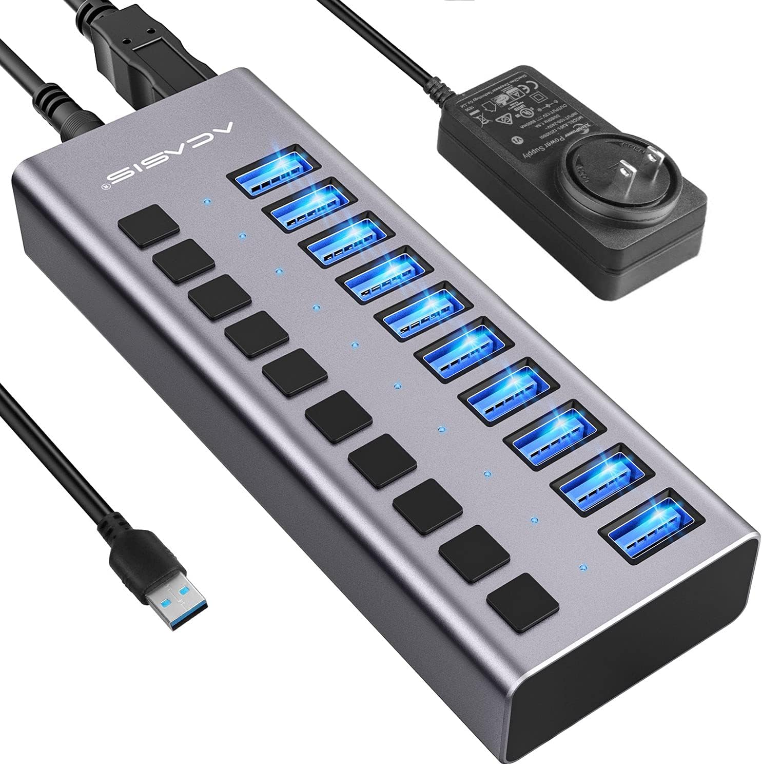 10 Ports 48W USB 3.0 Data Hub with Individual On/Off Switches and 12V/4A Power Adapter G994