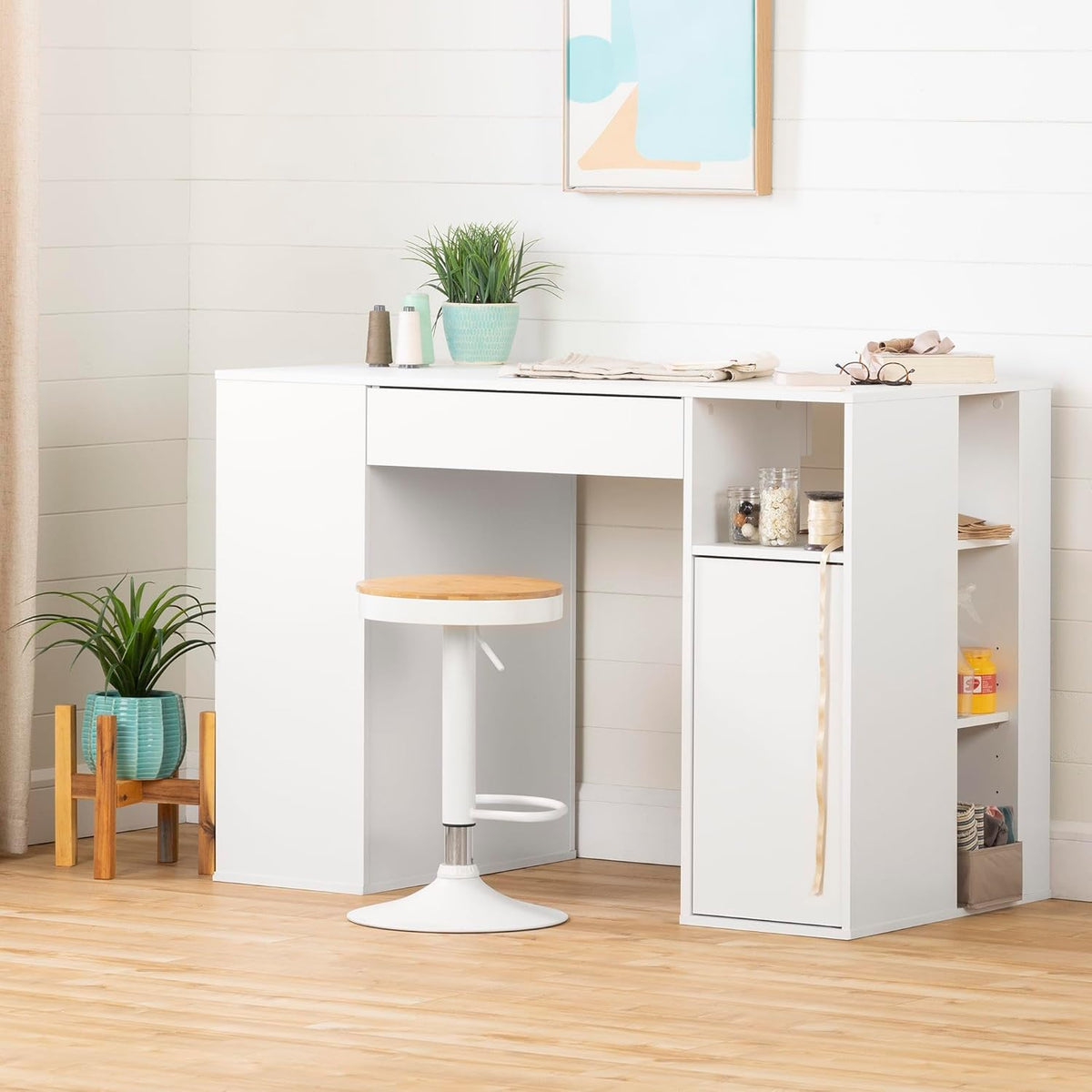 Pure White Counter-Height Craft Table with 4 baskets E428