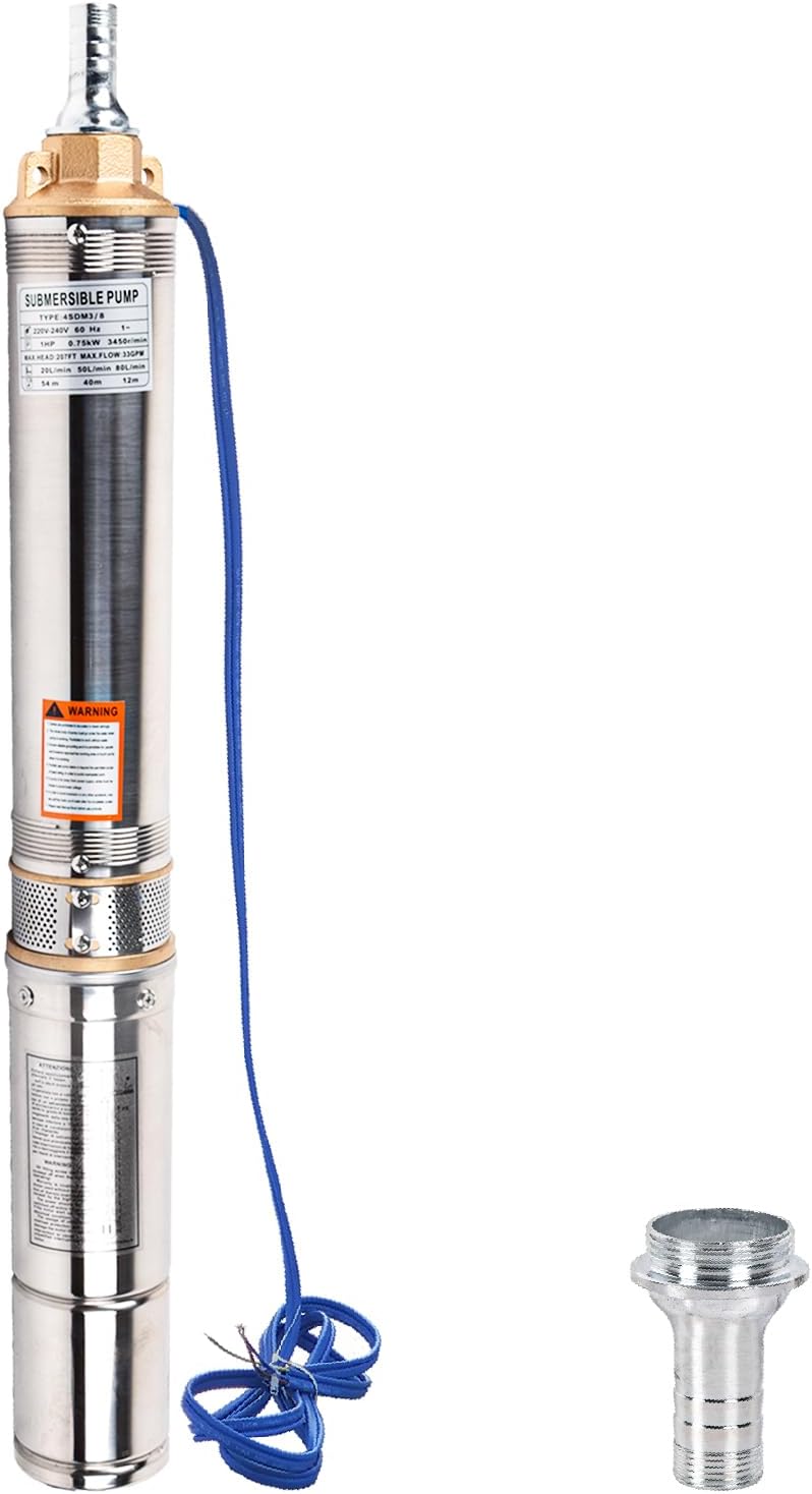 1HP 220V 60HZ 0.75KW Stainless Steel Submersible Well Pump, 1.25" Outlet, 33GPM 207ft Head M9686
