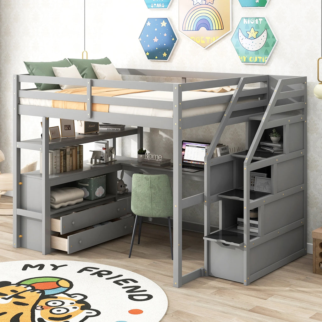 Full Wood Loft Bed with Desk, Storage Stairs, Two Drawers C833