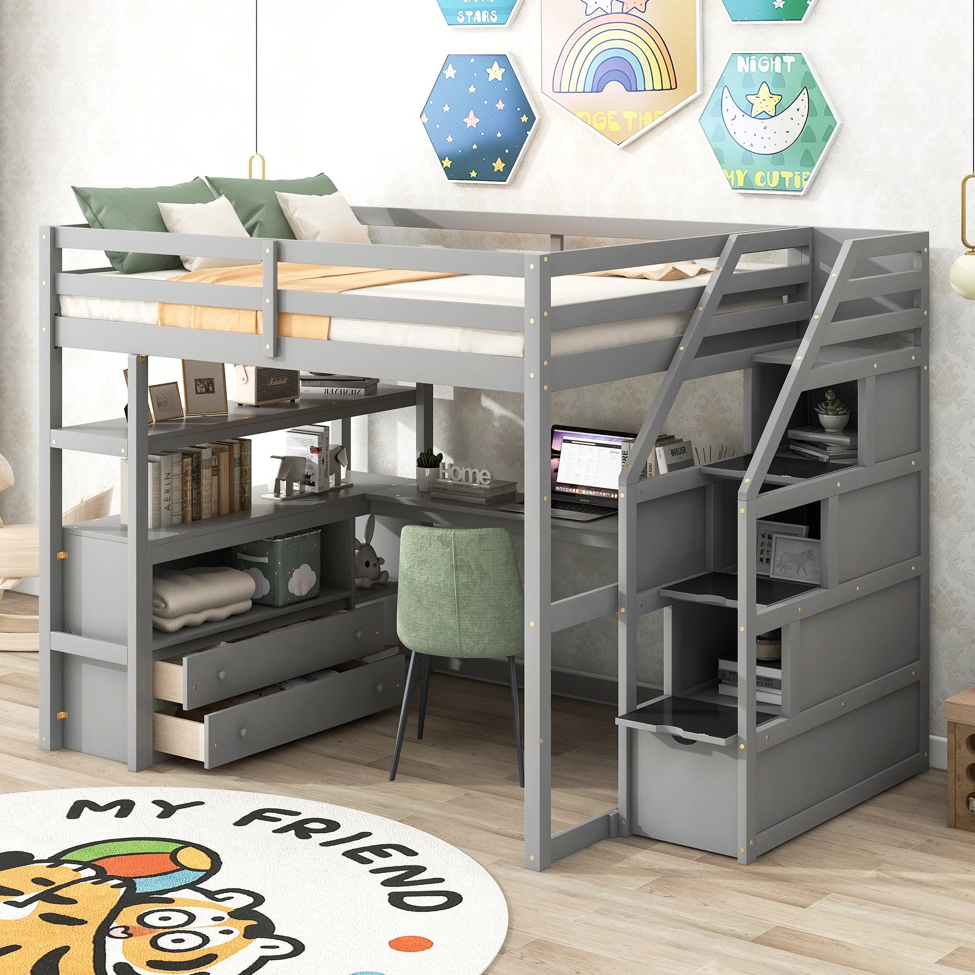 Full Wood Loft Bed with Desk, Storage Stairs, Two Drawers C833