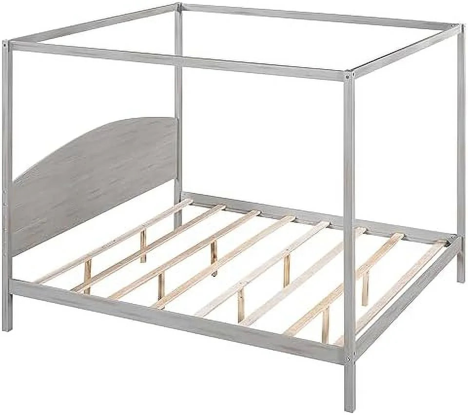 White Queen Size 4-Poster Wood Canopy Bed Frame with Headboard D949020