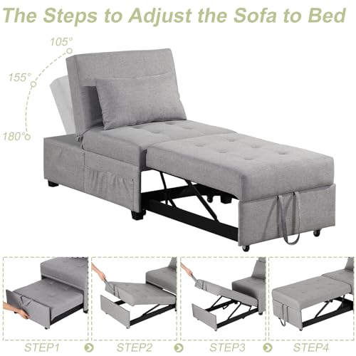 4 in 1 Convertible Linen Fabric Sleeper Chair Bed Ottoman with Adjustable Backrest & Pillow S54756