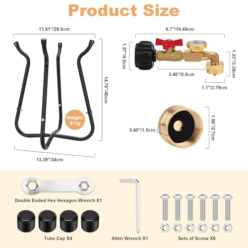 Propane Refill Adapter with Cylinder Refill Stand, QCC1 Adapter 20lb to 1lb Converter with Gauge and On-Off Control Valve W64473