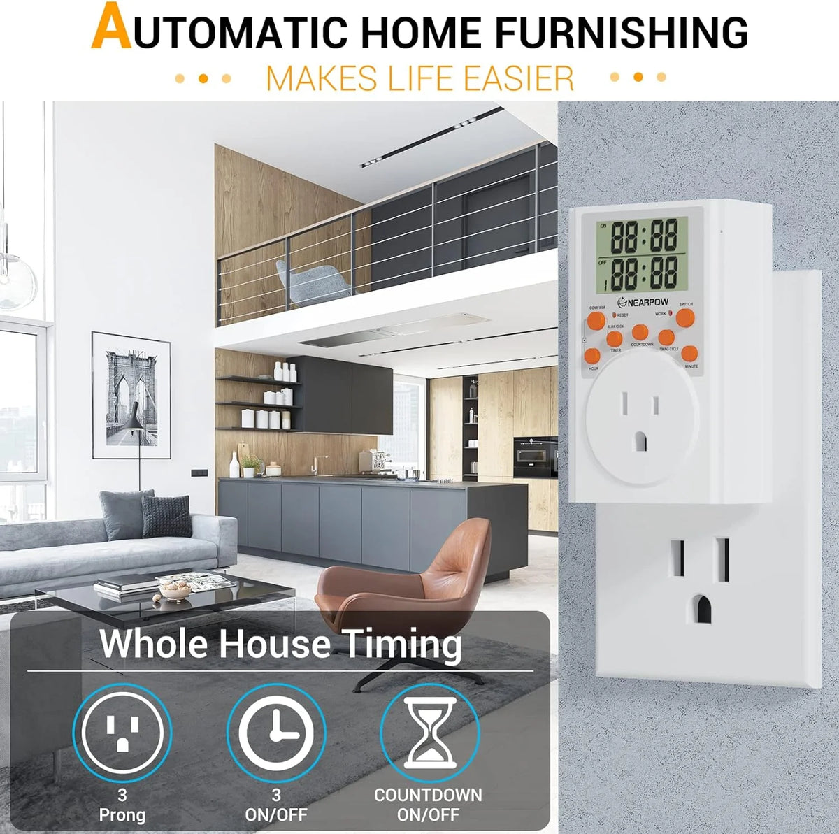 Programmable Digital Timer Switch with 3-Prong Outlet, 15A/1800W V9649