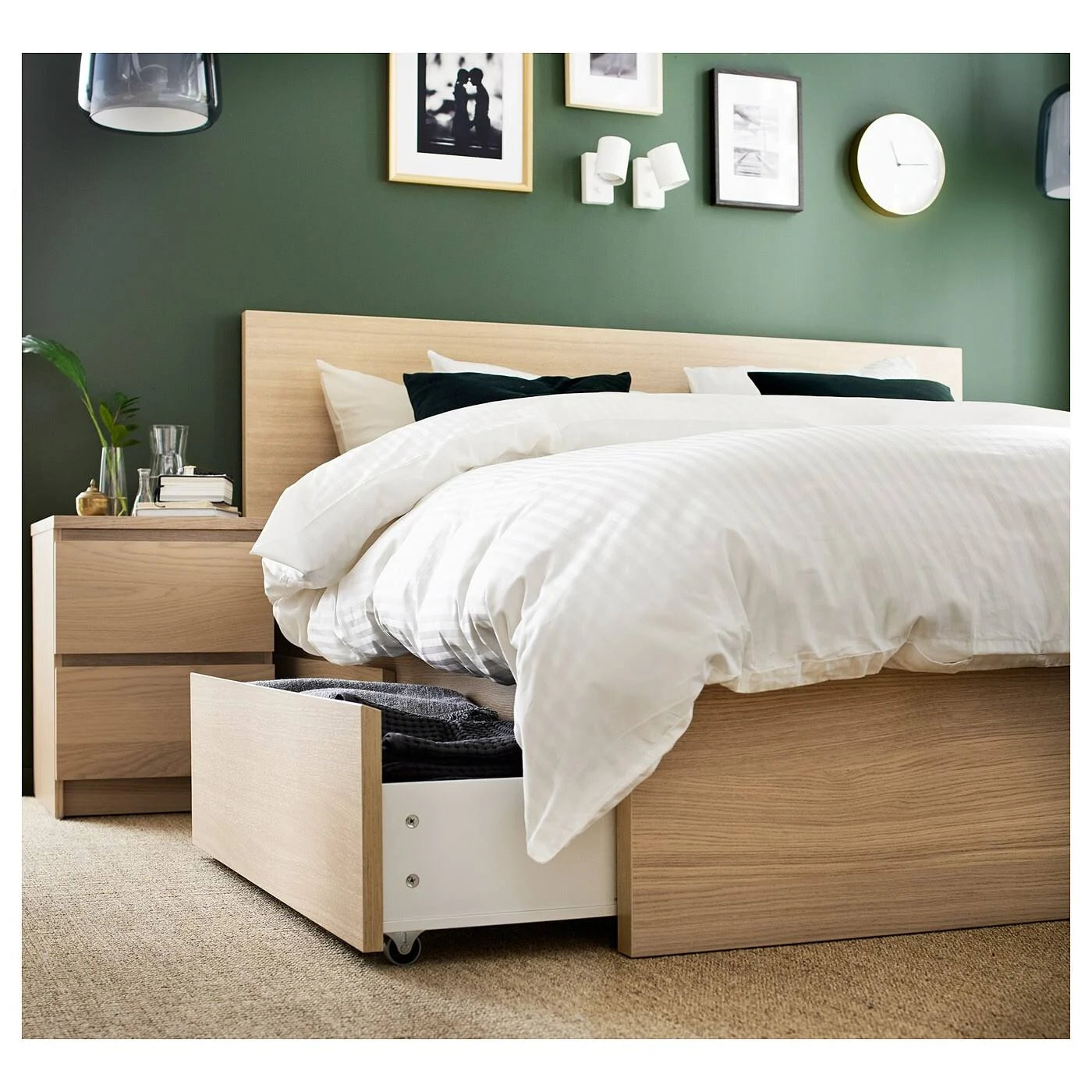 White Stained Oak Veneer King Bed Frame with 4 Storage Boxes H5802