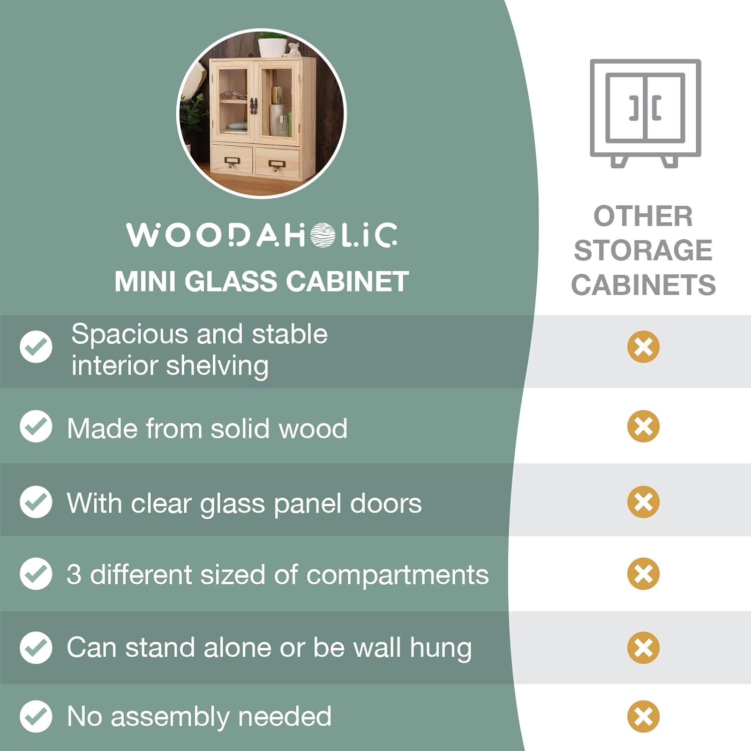 Mini Table Top Storage Cabinet with Clear Glass Doors, 2 Bottom Drawers, Light Wood Grain A117