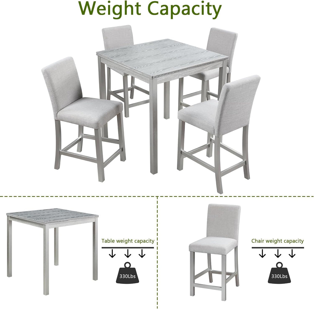 5-Piece Acacia Wood Counter Height Dining Table Set with 4 Upholstered-Seat Chairs J91026