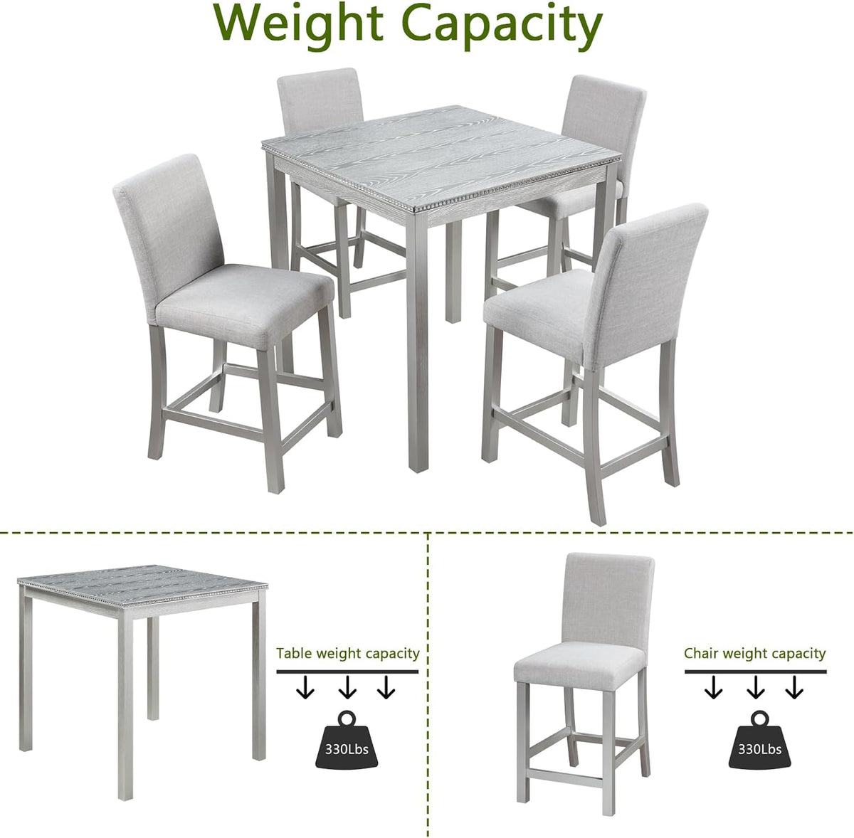 5-Piece Acacia Wood Counter Height Dining Table Set with 4 Upholstered-Seat Chairs J91026