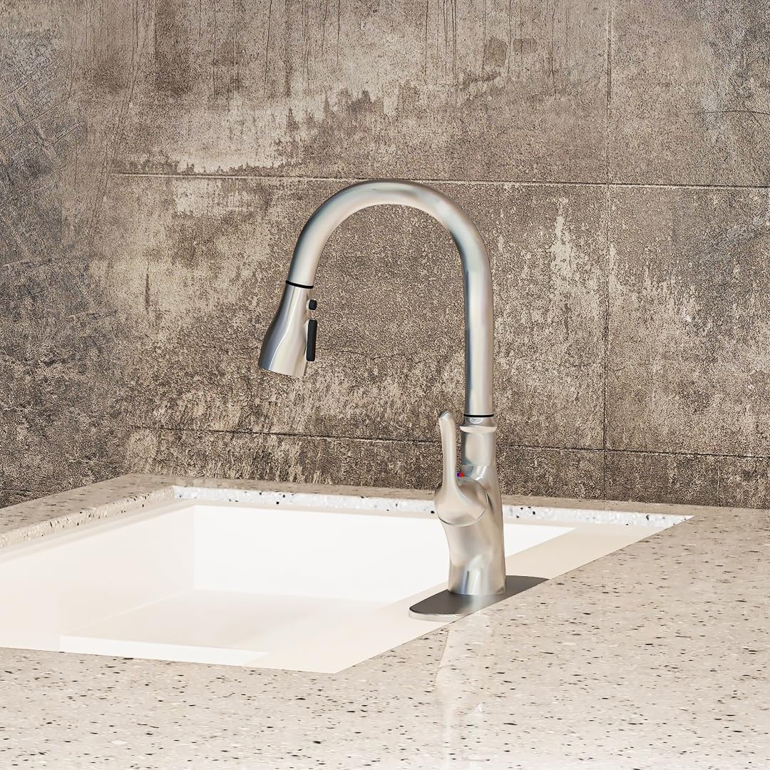 Brushed Nickel Kitchen Faucet with Pull Down Sprayer, Single Handle High Arc Stainless Steel Sink Faucet W74531