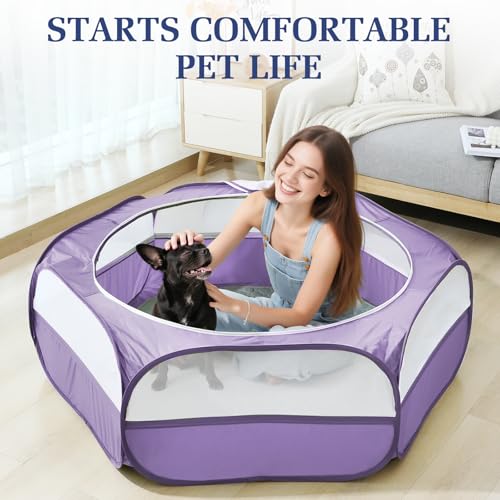 Small Animals Playpen, Waterproof Pet Cage Tent with Zippered Cover, Portable Outdoor Yard Fence with 3 Metal Rod, Green T7612