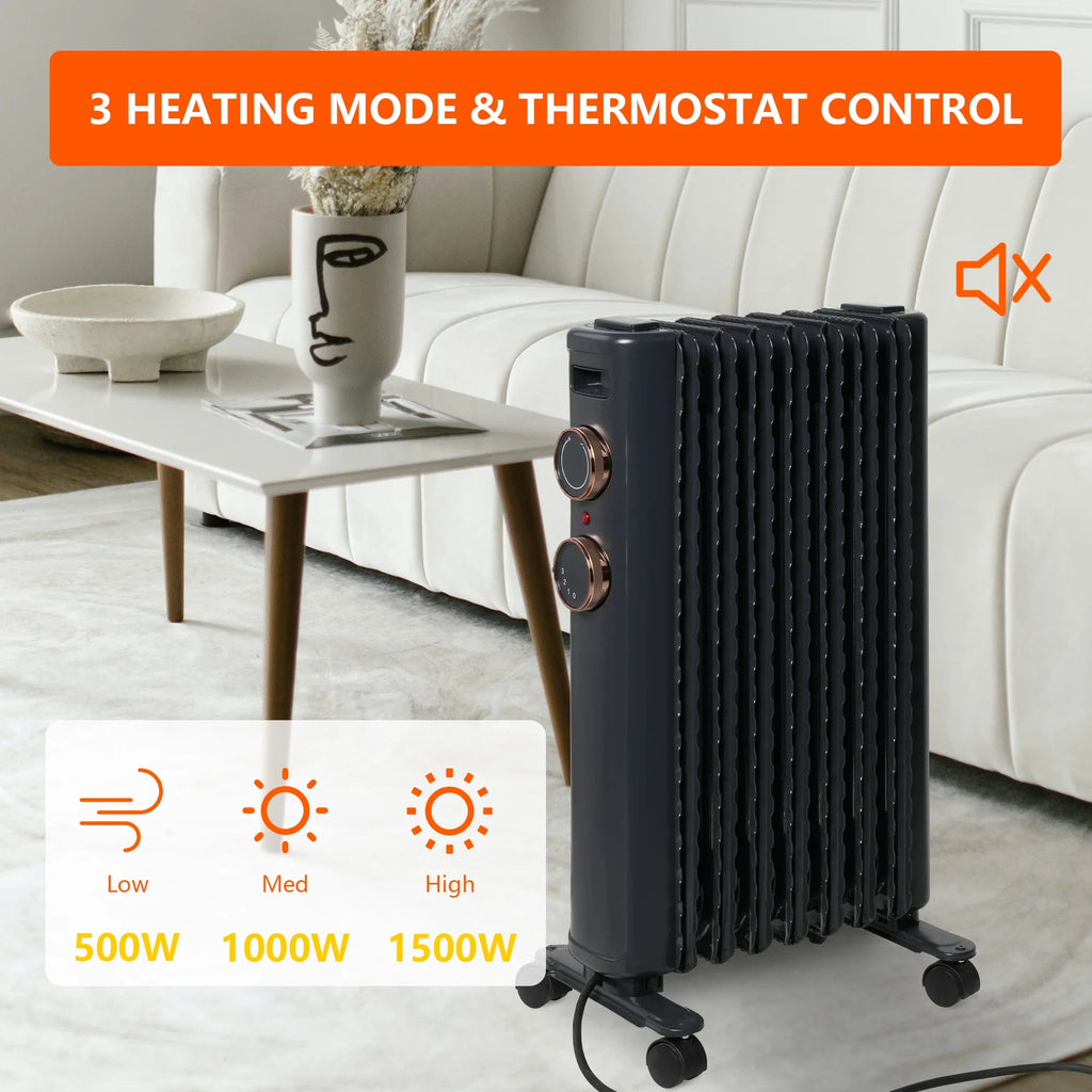 Oil Filled Radiator Heater with 3 Heating Modes, Adjustable Thermostat, Universal Wheels, Black&Gray S415