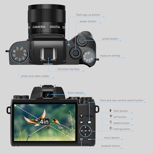 4K 64MP WiFi Touch Screen Digital Camera with Flash, 32GB SD Card, Lens Hood, 3000mAH Battery - Black C8337