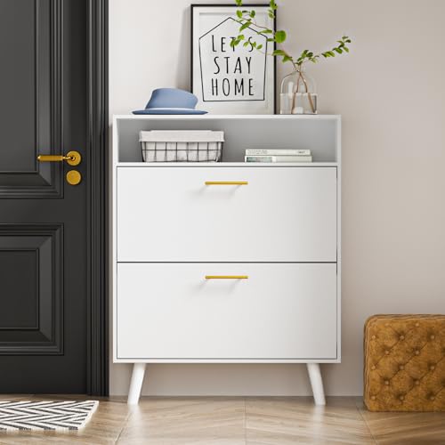 White Slim Shoe Cabinet with 2 Flip Drawers and Open Shelf E28522