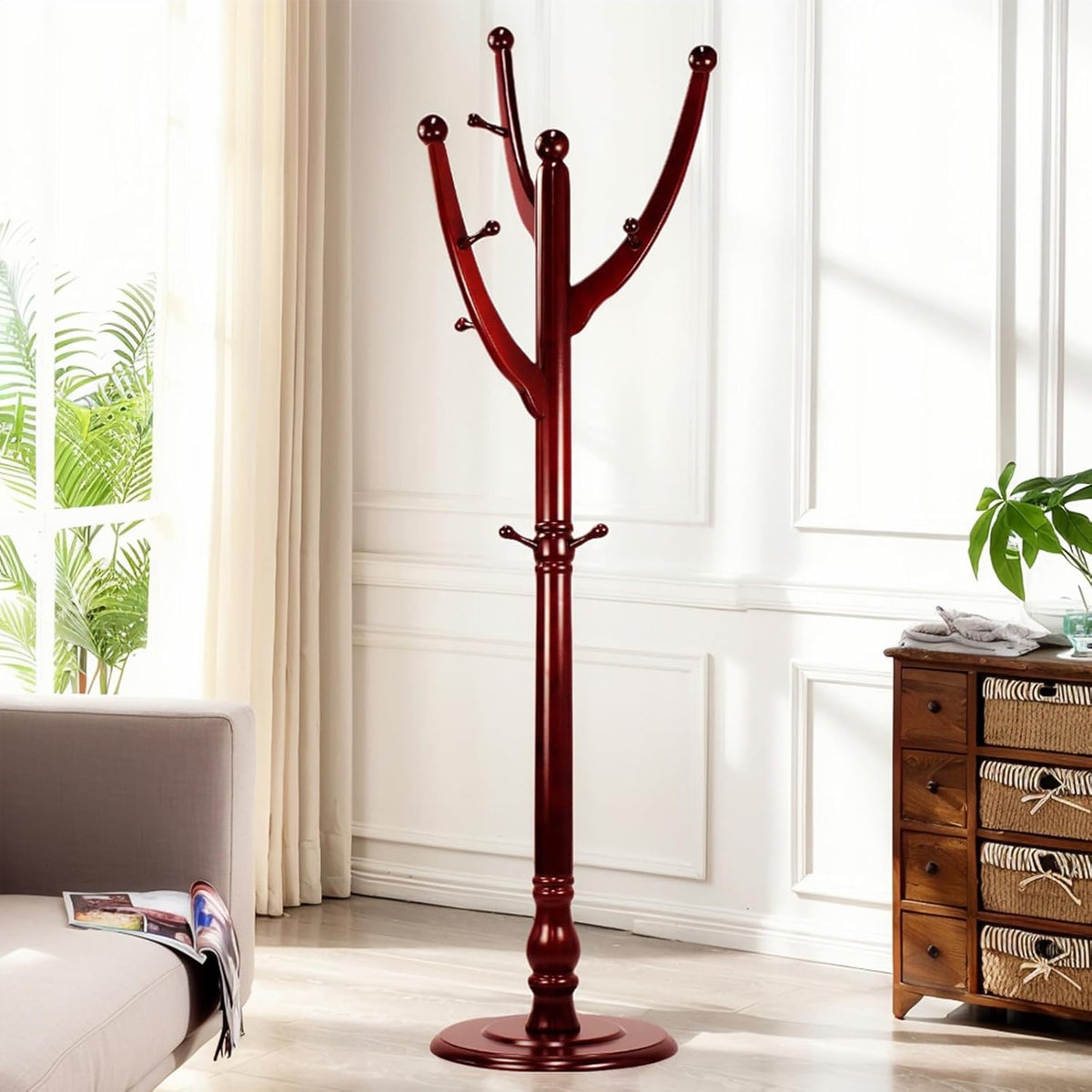 Freestanding Wood Coat Rack with 11 Hooks O7083